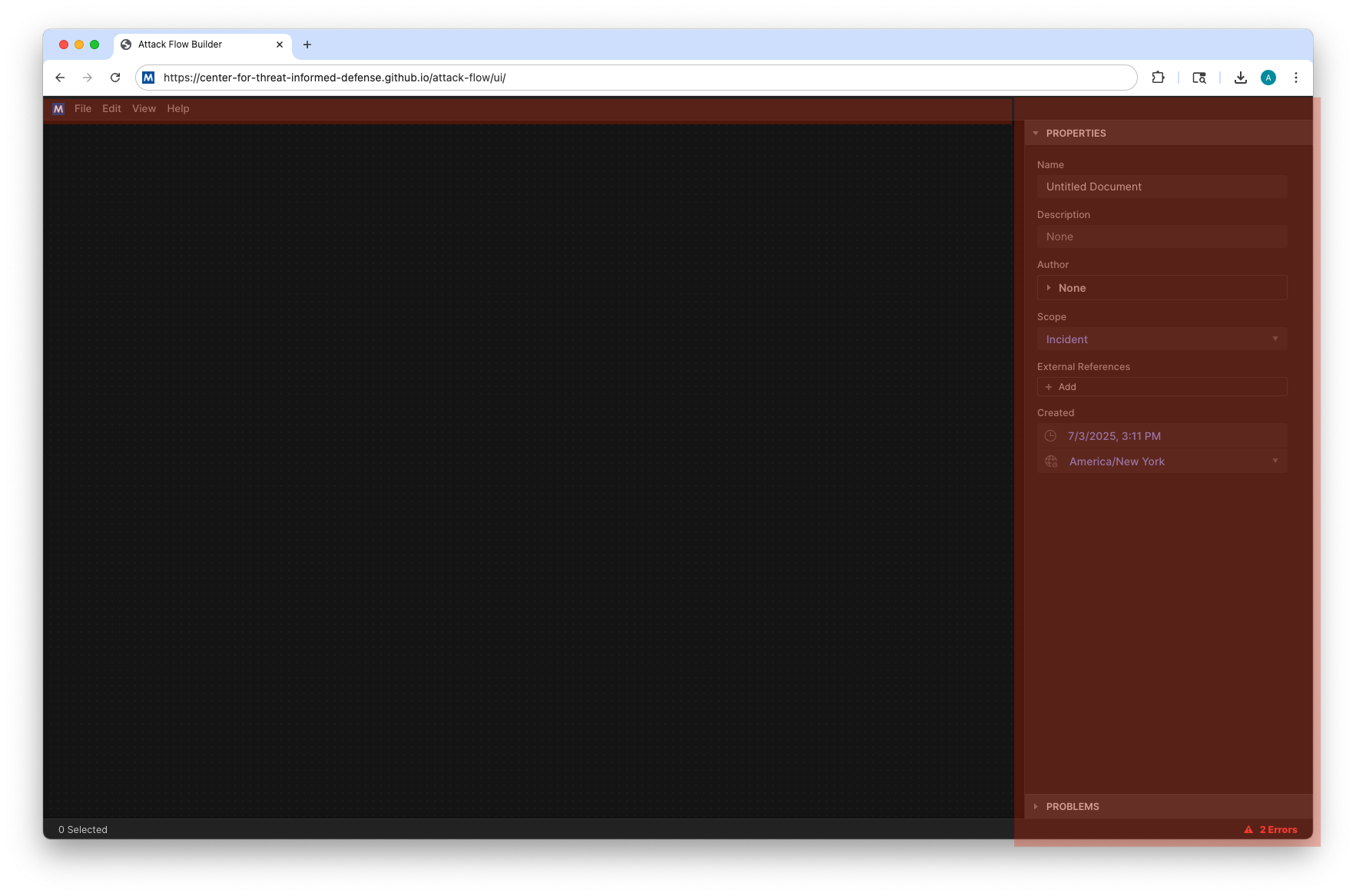 Screenshot of Attack Flow Builder with menubar and side panel highlighted.