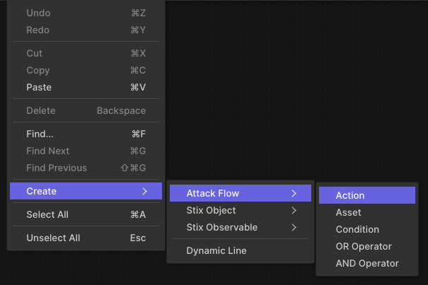 Screenshot of Attack Flow Builder context menu to create a new action.