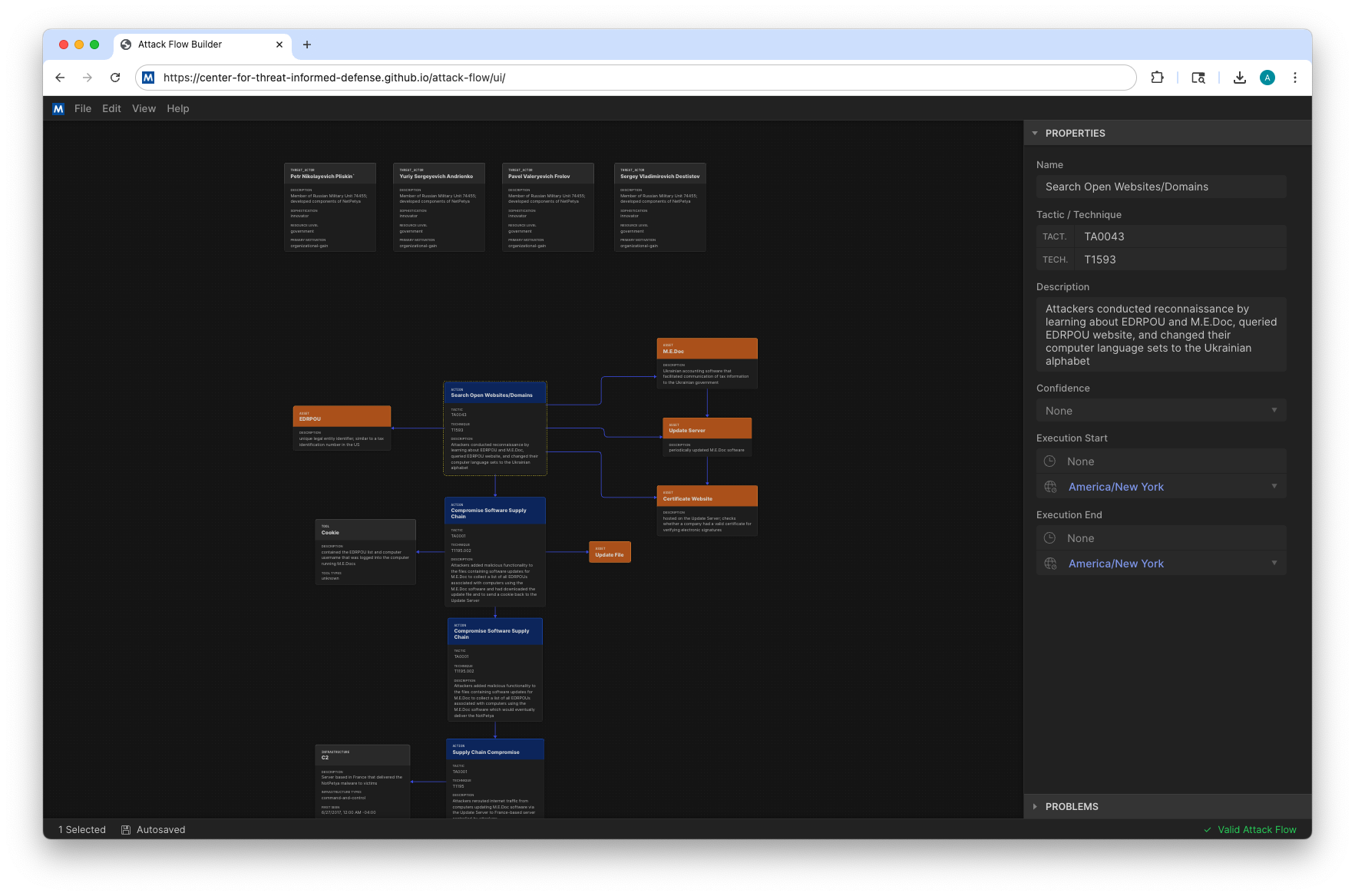 Screenshot of Attack Flow Builder displaying a complex attack flow.