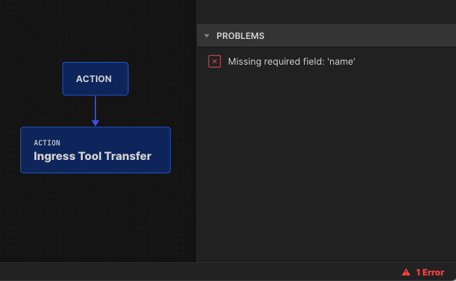 A validation error is displayed in the sidepane.