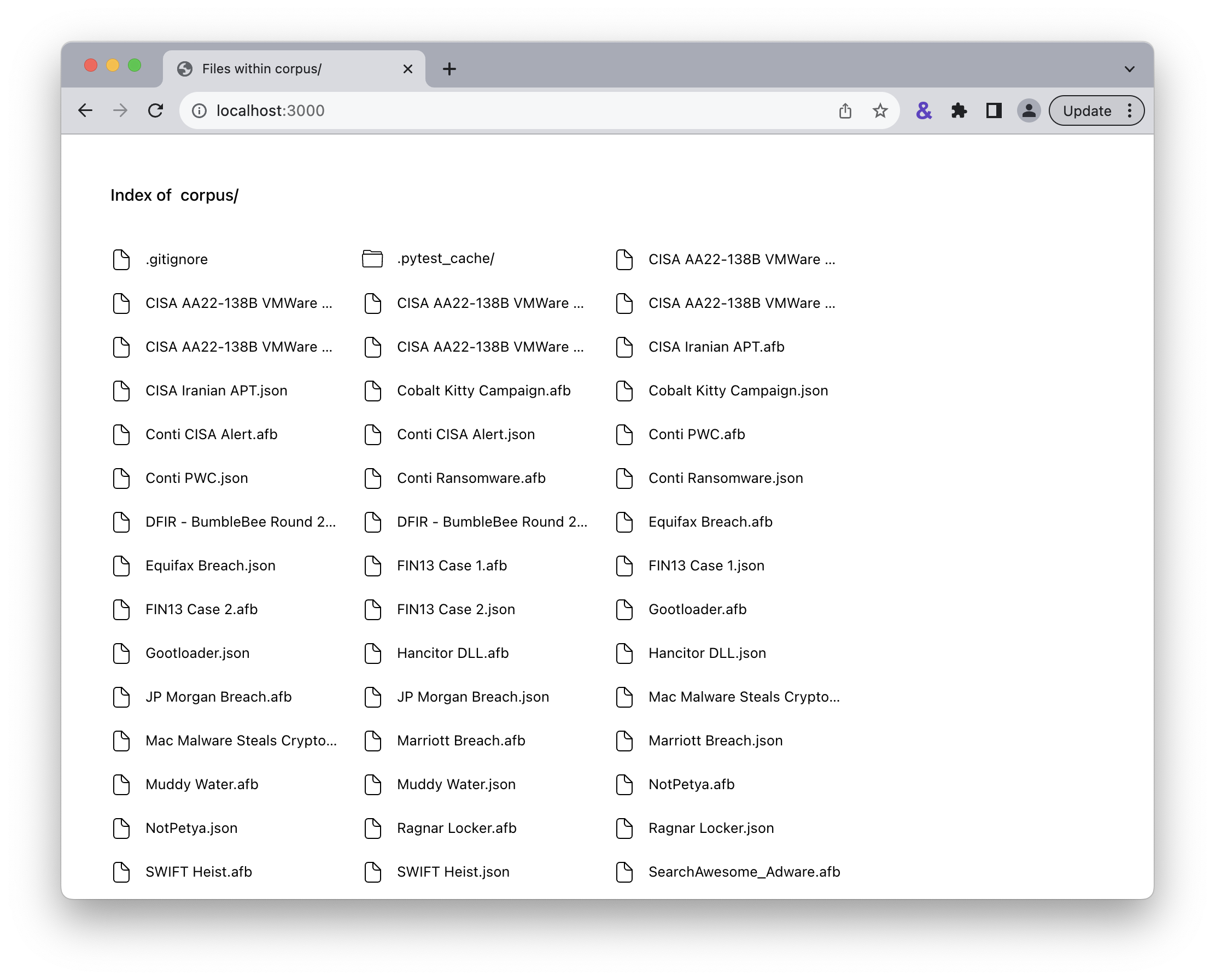 Listing corpus files in a web browser